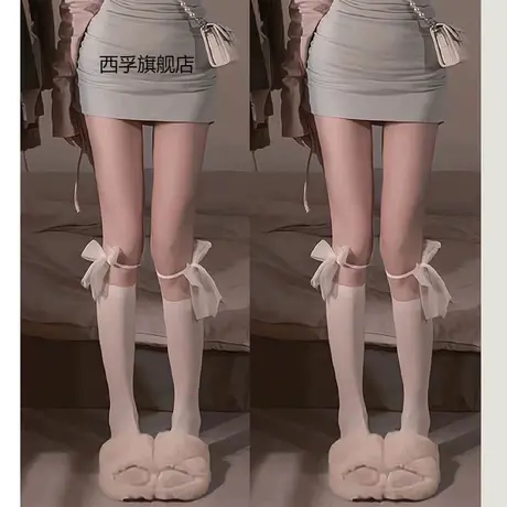 白色jk蕾丝袜拼接中筒袜子女春夏季薄款白丝袜蝴蝶结lolita小腿袜商品大图