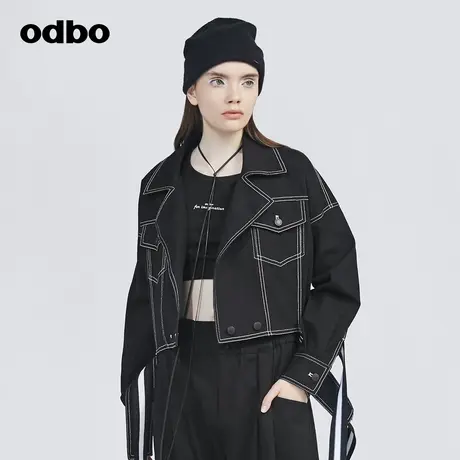 odbo/欧迪比欧复古气质明线织带牛仔外套女设计感工装风黑色外套商品大图