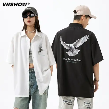 VIISHOW高街鸽子印花衬衫2024夏季新款美式宽松短袖衬衫盐系衬衣图片