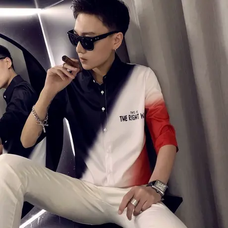 ins潮牌个性短袖衬衫社会小伙精神帅气韩版男七分中袖春夏季衬衣商品大图