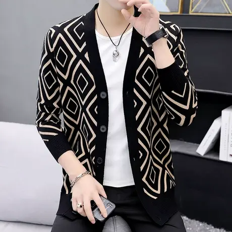 毛衣开衫外套男士潮流韩风百搭情侣装格纹宽松外穿针织衫秋装上衣商品大图