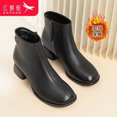 红蜻蜓短靴女2023冬季真皮粗跟休闲短筒靴女加绒保暖中年妈妈棉靴商品大图