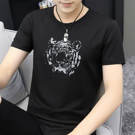 莫代尔冰丝短袖t恤男圆领潮牌老虎头体恤衫上衣服男夏季黑色半袖商品大图