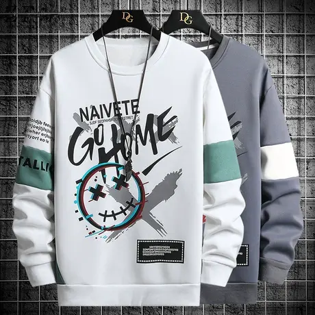 潮牌圆领卫衣男士春秋季潮流印花长袖t恤男秋衣宽松青少年打底衫商品大图