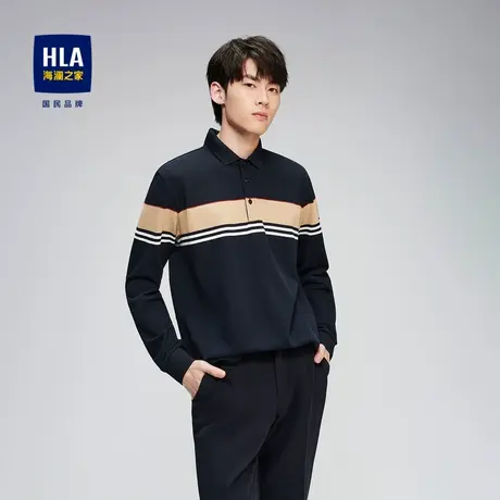 HLA/海澜之家撞色条纹长袖POLO衫柔软珠地翻领休闲舒适保罗T恤男图片