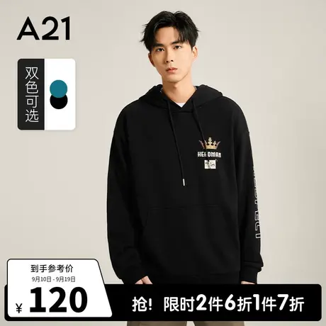 A21outlets男装黑色宽松连帽衫落肩长袖卫衣秋季款潮牌男士上衣商品大图