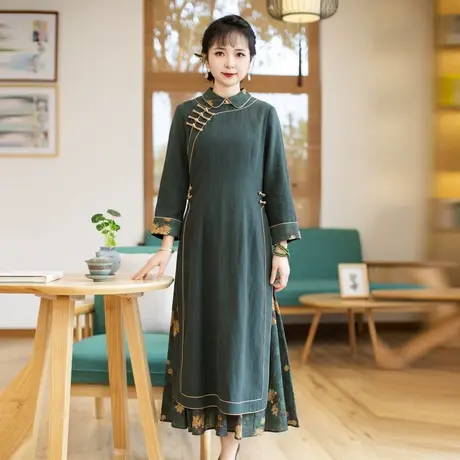 筠雅长款改良版奥黛旗袍年轻款少女民族风民国复古气质裙子23J236商品大图