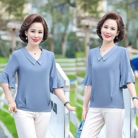 春秋新款中老年女时尚翻领小衫中年春装中袖上衣气质妈妈洋气夏装图片