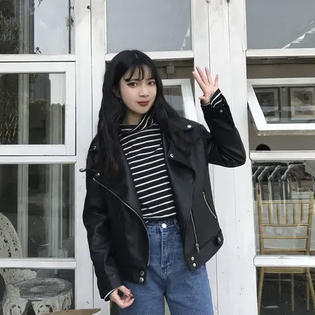 皮衣女短款外套春秋2023新款韩版百搭机车学生宽松皮夹克bf学院风商品大图