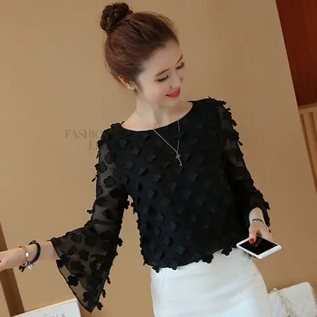 【换购10】雪纺衫女长袖2019新款春秋韩版超仙气质立体花朵上衣h图片