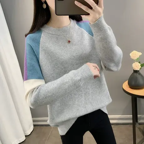 2023年秋冬新款毛衣女插肩袖拼色套头针织衫宽松低圆领打底衫女图片