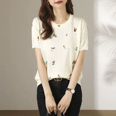 正肩短袖t恤女2023新款夏季女装冰丝针织衫宽松高腰半袖上衣体恤商品大图