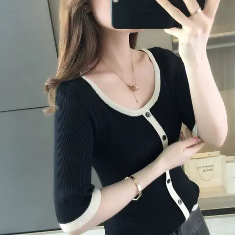 夏季女士短袖冰丝针织衫上衣新款春装修身t恤圆领套头薄款图片