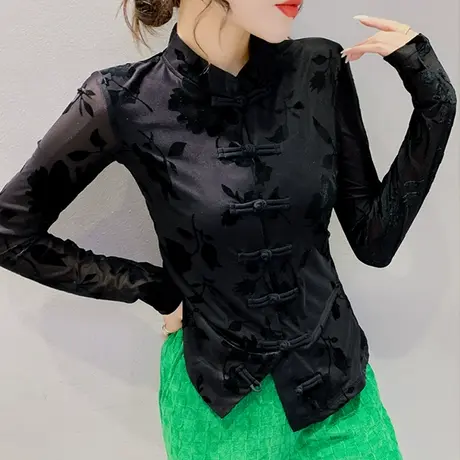 改良复古盘扣打底衫女春装2023年新款植绒印花网纱上衣中国风唐装图片