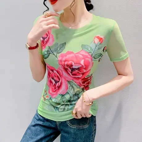 气质网纱女装夏季时尚漂亮印花T恤短袖修身显瘦圆领上衣减龄小衫商品大图