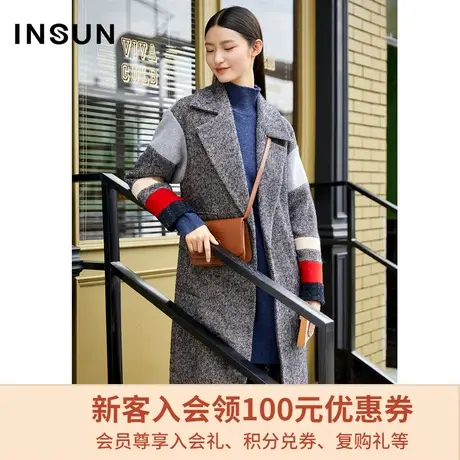 恩裳冬季撞色条纹羊毛大衣过膝长款毛呢外套女图片