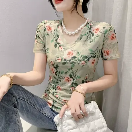 复古印花上衣女短袖夏装2023新款时尚网纱T恤性感修身V领半袖小衫商品大图