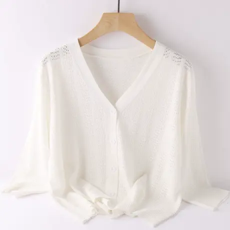 镂空冰丝针织衫开衫吊带裙外搭女士七分袖宽松短款夏季外套防晒衫图片