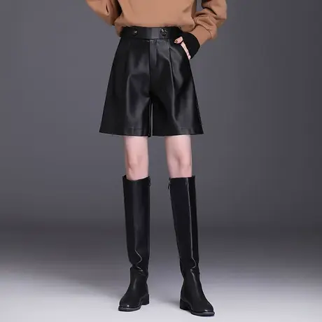 PU皮短裤女外穿秋季2023新款高腰宽松a字阔腿裤时尚显瘦休闲靴裤图片