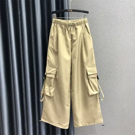 秋季新款美式卡其色松紧腰工装裤帅气休闲百搭直筒裤女宽松阔腿裤商品大图