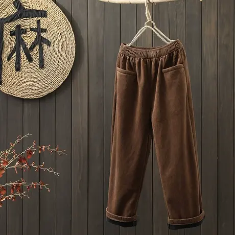 枫谜202年冬季新款文艺复古加绒休闲长裤女宽松加厚条绒直筒裤子图片