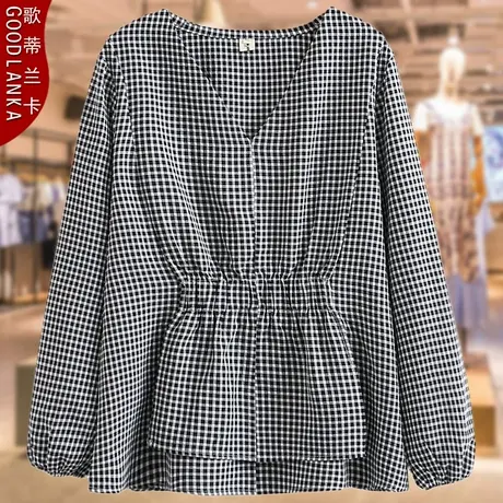 中年四五十岁妈妈春秋长袖格子上衣洋气时尚加肥加大码V领娃娃衫商品大图