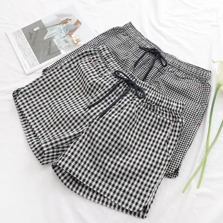 大码棉麻热裤薄款阔腿休闲裤松紧高腰文艺黑白小格子短裤女夏宽松图片