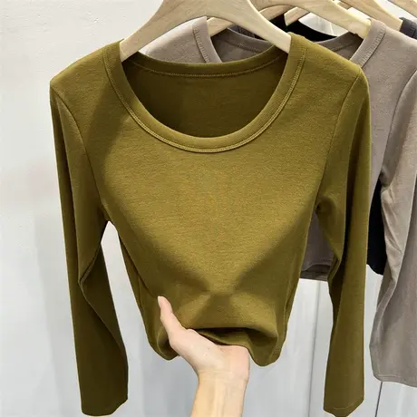 欧货圆领短款T恤女长袖2023早秋季新款洋气弹力修身软糯体恤上衣商品大图