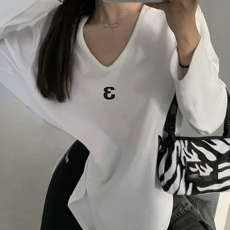 开叉下摆长袖T恤女春秋装宽松显瘦百搭纯棉V领体恤上衣打底衫潮商品大图