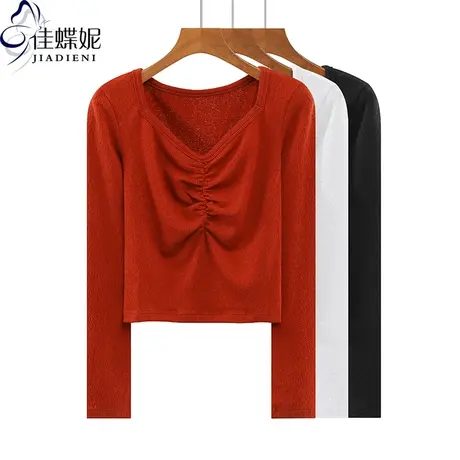 秋冬新款韩版方领修身纯色褶皱短款纯欲长袖体恤上衣内搭女打底衫图片
