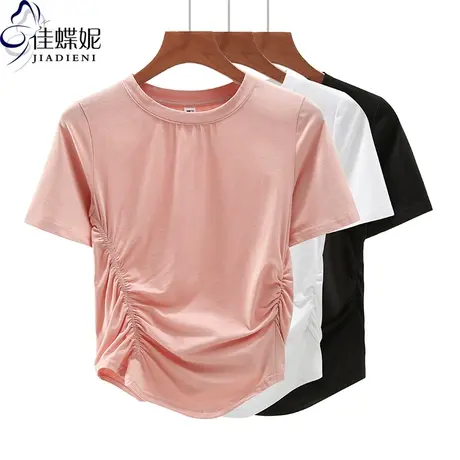 夏季新款圆领修身显瘦褶皱纯欲纯棉纯色短袖体恤上衣内搭女打底衫商品大图