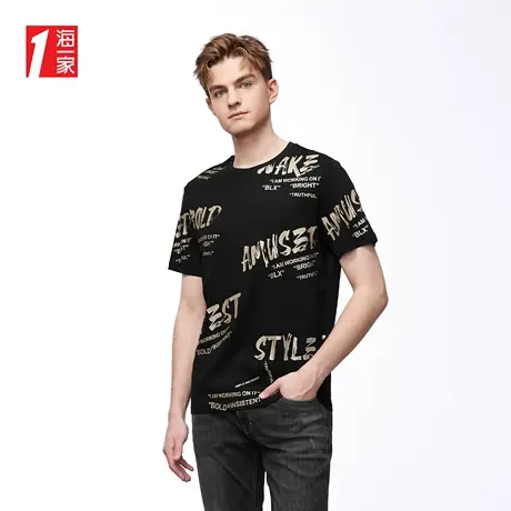 海一家时尚个性字母印花短T2023夏季新款青春休闲男士短袖T恤商品大图