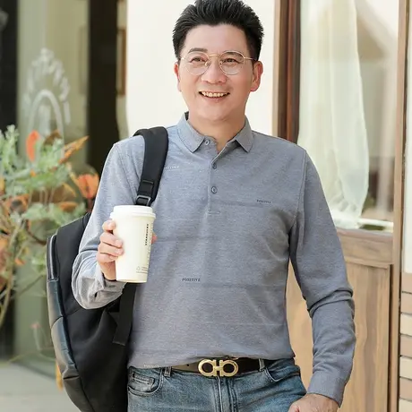爸爸春装t恤男士长袖中年宽松薄款上衣服老年人休闲条纹polo小衫商品大图