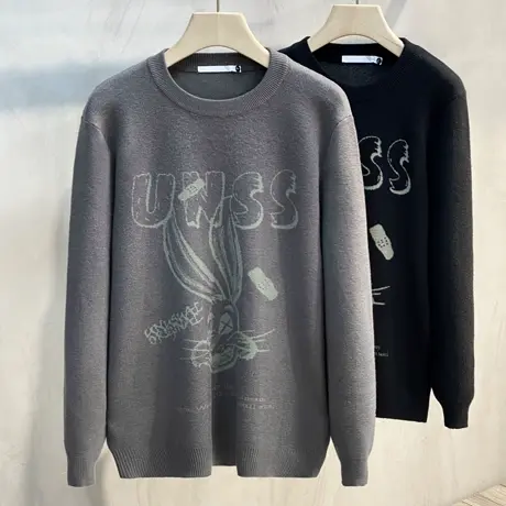 肌理厚款2023新款秋冬季潮流圆领毛衣男士宽松情侣打底针织衫线衣商品大图