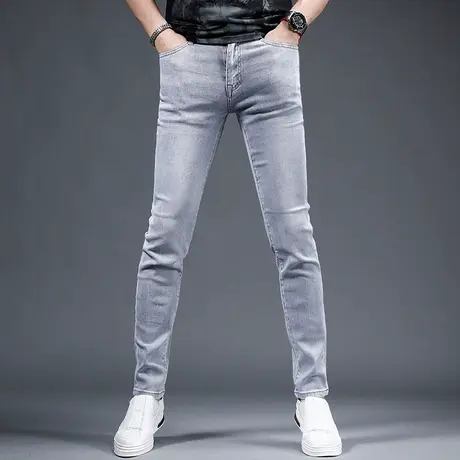 香港高端牛仔裤男款夏季薄款2023新款修身小脚浅灰色弹力男士裤子图片