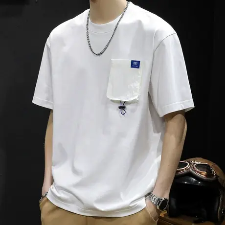 贴袋白色短袖t恤男23新款半袖上衣潮牌大码男装男士重磅体恤男款商品大图