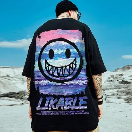 小恶魔鬼脸情侣国潮牌油画印花短袖T恤男潮流bf风宽松大码半袖潮商品大图