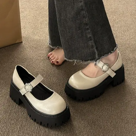 永希小皮鞋女2023春夏新款小众ins漆皮单鞋复古粗跟浅口玛丽珍鞋商品大图