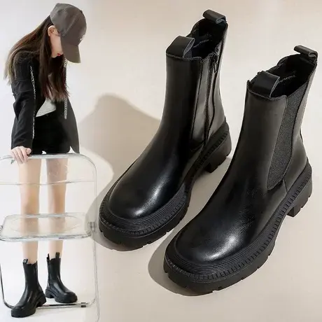 侧拉链百搭马丁靴女短筒圆头切尔西靴厚底中筒英伦风机车烟筒靴商品大图