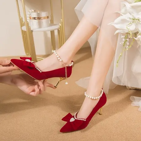 珍珠婚鞋高级感夏季女新娘鞋细跟不累脚红色高跟鞋孕妇秀禾服单鞋图片