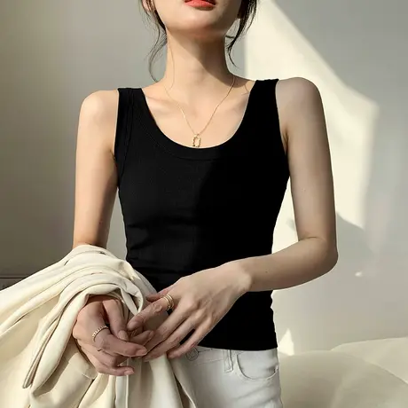胖MM大码U领纯棉螺纹吊带背心女内搭修身可外穿白色无袖T恤上衣夏商品大图