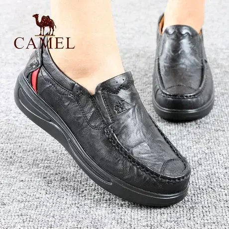 Camel/骆驼女鞋2022秋季款真羊皮坡跟中年妈妈轻便舒适休闲单鞋子图片