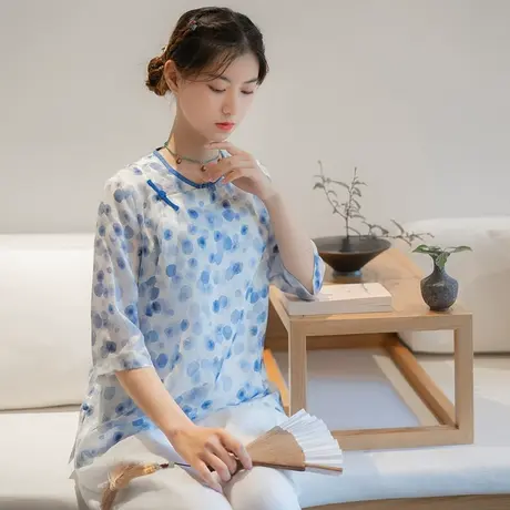 素飞唐装中国风女装新中式复古旗袍式上衣宽松碎花短款苎麻茶艺服商品大图