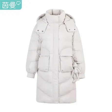【商场同款】茵曼白鸭绒女2019冬季新款连帽立领公仔中长款羽绒服图片