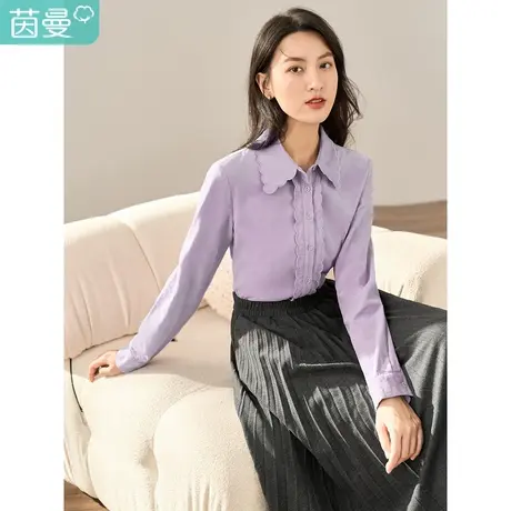 【商场同款】茵曼女冬新款北欧波浪边绣花泡泡袖灯芯绒衬衣商品大图