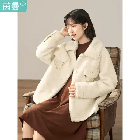 【商场同款】茵曼冬女装新款纽扣装饰落肩设计翻领羊羔绒外套图片