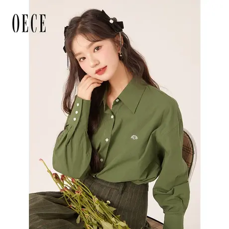 Oece高级感复古绿气质衬衫2022秋季新款女装女士衬衣设计感上衣图片