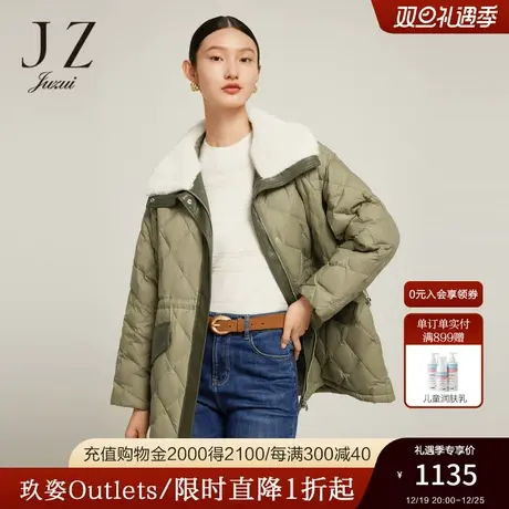 JZ玖姿拼接白鸭绒羽绒服2022冬季新款时尚中长款通勤外套商品大图