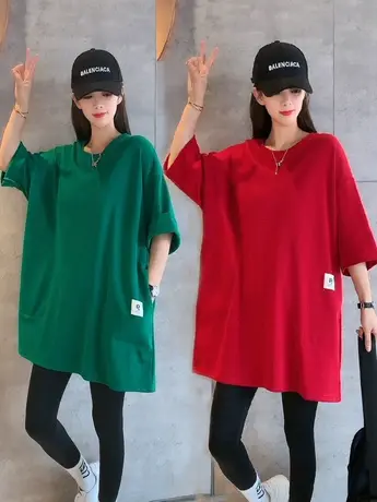 2023夏季新款大码纯色t恤中长款韩版宽松百搭短袖圆领半袖上衣女商品大图