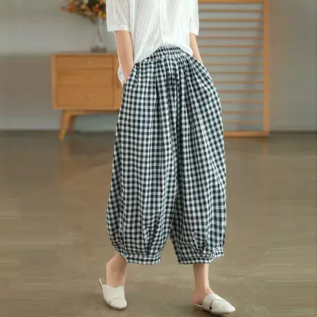 文艺复古格子阔腿裤女夏季薄款大码休闲百搭九分裤高腰显瘦灯笼裤商品大图